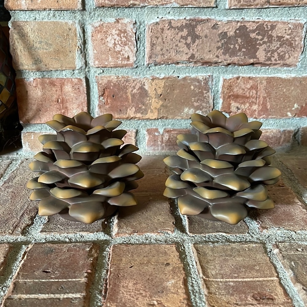PartyLite Ceramic Pine Cone Taper Candle Holders Set of 2